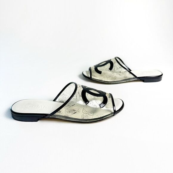 CHANEL Black White CC Sandals Size 38 US 7.5 Open Toe Flat Mules Clear PVC Print - Picture 7 of 11
